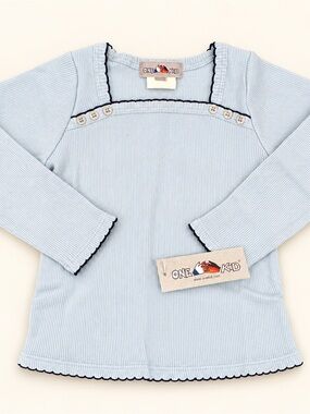 Light Blue Ribbed Long-Sleeve Top with Navy Trim